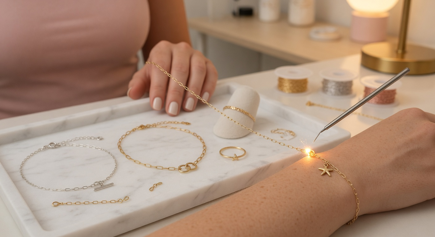 A jeweler fitting a sterling silver permanent bracelet at Bonzelily